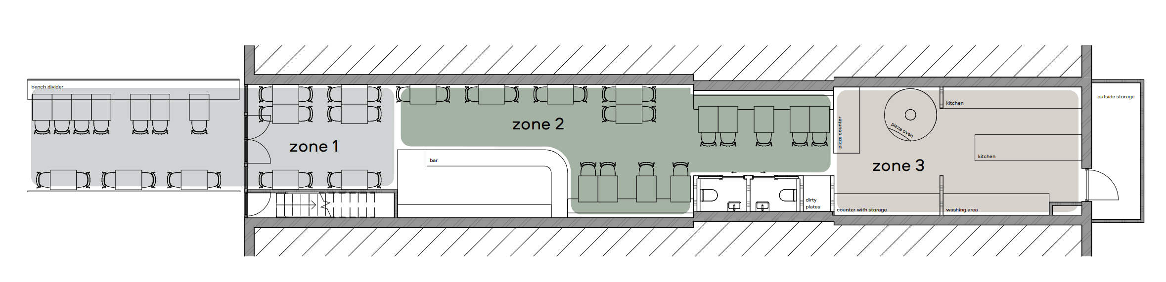 zoning plan of a narrow ground floor with seating and open pizza kitchen in the back as focal point